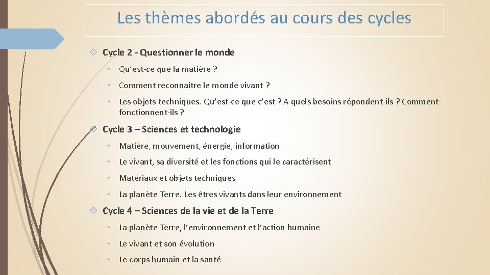 Les thèmes abordés au cours des cycles Cycle 2 - Questionner le monde •