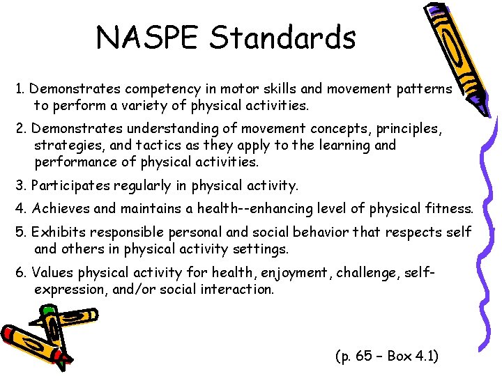 NASPE Standards 1. Demonstrates competency in motor skills and movement patterns to perform a