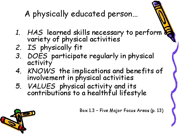 A physically educated person… 1. HAS learned skills necessary to perform a variety of