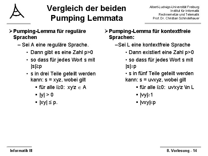 Vergleich der beiden Pumping Lemmata ØPumping-Lemma für reguläre Sprachen – Sei A eine reguläre
