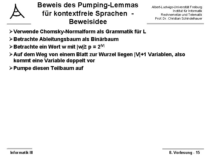 Beweis des Pumping-Lemmas für kontextfreie Sprachen Beweisidee Albert-Ludwigs-Universität Freiburg Institut für Informatik Rechnernetze und