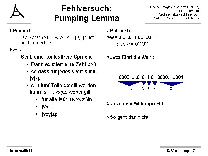 Fehlversuch: Pumping Lemma ØBeispiel: –Die Sprache L={ w w| w {0, 1}*} ist nicht