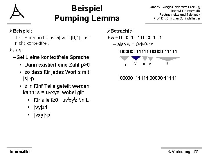 Beispiel Pumping Lemma ØBeispiel: –Die Sprache L={ w w| w {0, 1}*} ist nicht