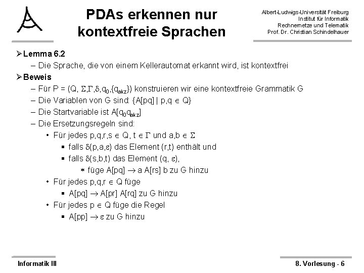 PDAs erkennen nur kontextfreie Sprachen Albert-Ludwigs-Universität Freiburg Institut für Informatik Rechnernetze und Telematik Prof.