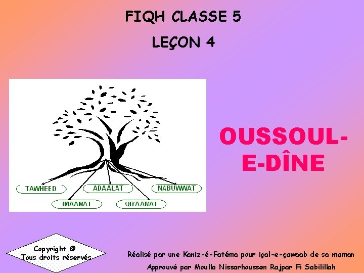 FIQH CLASSE 5 LEÇON 4 OUSSOULE-DÎNE Copyright © Tous droits réservés Réalisé par une