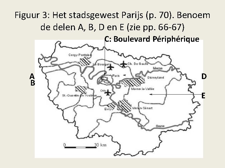 Figuur 3: Het stadsgewest Parijs (p. 70). Benoem de delen A, B, D en