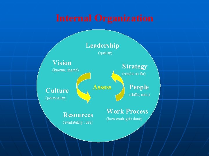 Internal Organization Leadership (quality) Vision Strategy (known, shared) Culture (results so far) Assess (personality)
