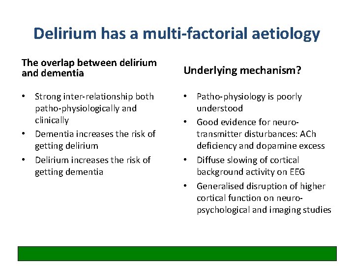 Delirium has a multi-factorial aetiology The overlap between delirium and dementia • Strong inter-relationship