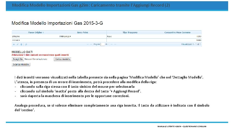 Modifica Modello Importazioni Gas g 2 im: Caricamento tramite l’Aggiungi Record (2) I dati