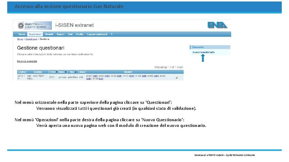 Accesso alla sezione questionario Gas Naturale Nel menù orizzontale nella parte superiore della pagina