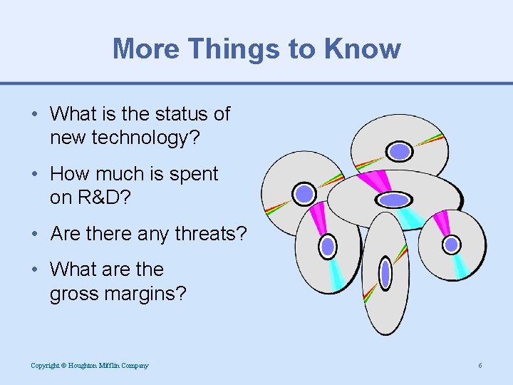 More Things to Know • What is the status of new technology? • How