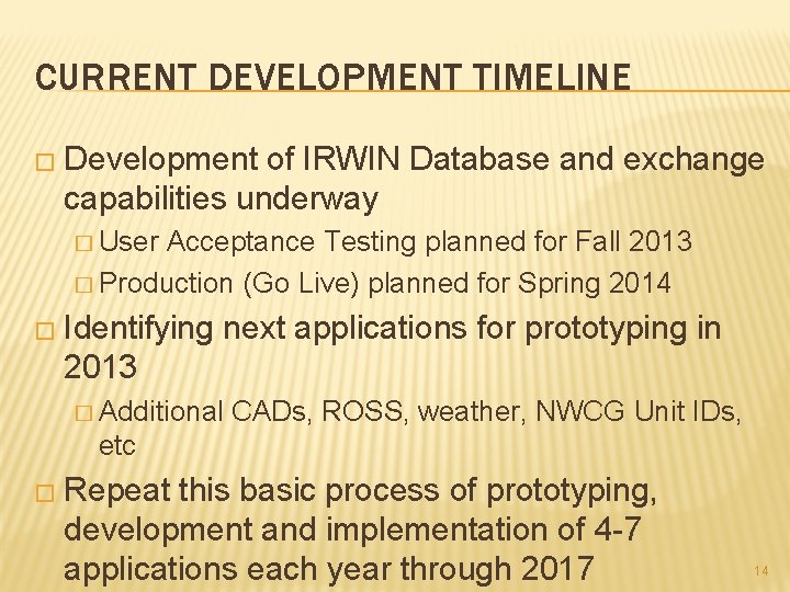 CURRENT DEVELOPMENT TIMELINE � Development of IRWIN Database and exchange capabilities underway � User CURRENT DEVELOPMENT TIMELINE � Development of IRWIN Database and exchange capabilities underway � User