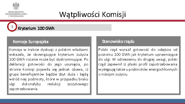 Wątpliwości Komisji 3 Kryterium 100 GWh Komisja Europejska Komisja w trakcie dyskusji z polskim