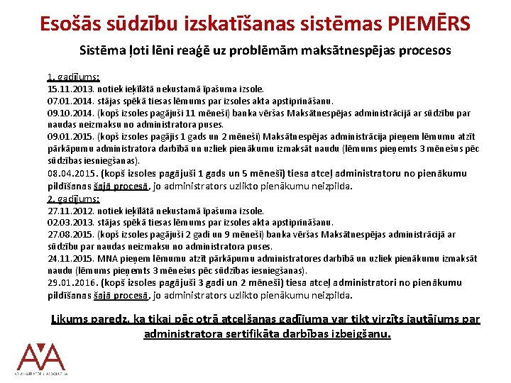 Esošās sūdzību izskatīšanas sistēmas PIEMĒRS Sistēma ļoti lēni reaģē uz problēmām maksātnespējas procesos 1.