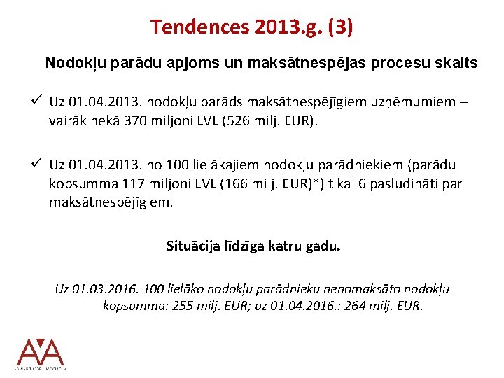 Tendences 2013. g. (3) Nodokļu parādu apjoms un maksātnespējas procesu skaits ü Uz 01.