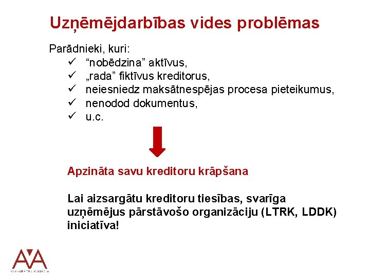 Uzņēmējdarbības vides problēmas Parādnieki, kuri: ü “nobēdzina” aktīvus, ü „rada” fiktīvus kreditorus, ü neiesniedz