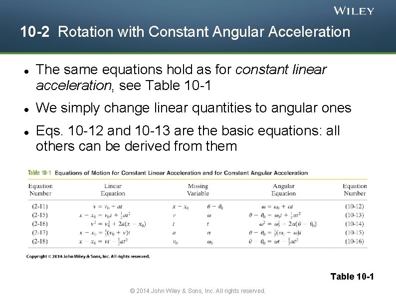 10 -2 Rotation with Constant Angular Acceleration The same equations hold as for constant