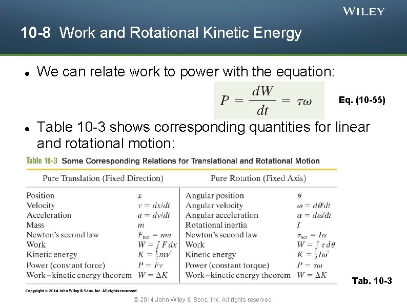 10 -8 Work and Rotational Kinetic Energy We can relate work to power with