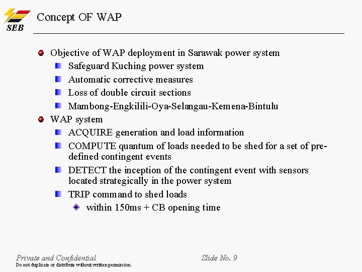 SEB Concept OF WAP Objective of WAP deployment in Sarawak power system Safeguard Kuching SEB Concept OF WAP Objective of WAP deployment in Sarawak power system Safeguard Kuching