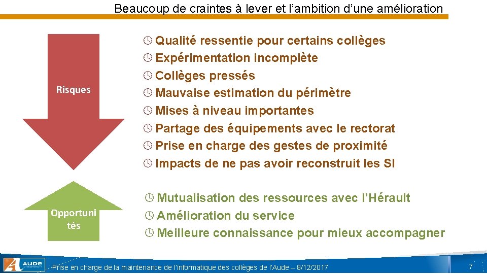 Beaucoup de craintes à lever et l’ambition d’une amélioration Risques Opportuni tés º Qualité