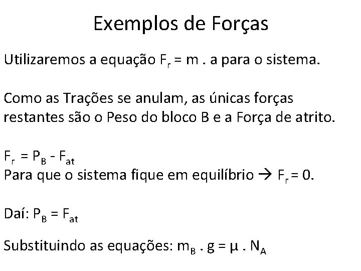 Exemplos de Forças Utilizaremos a equação Fr = m. a para o sistema. Como