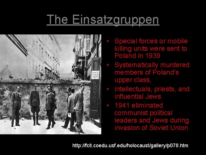 The Einsatzgruppen • Special forces or mobile killing units were sent to Poland in