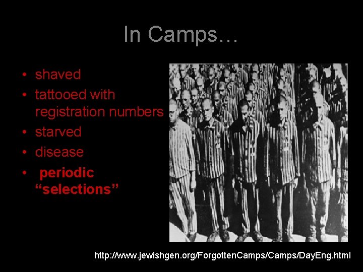 In Camps… • shaved • tattooed with registration numbers • starved • disease •