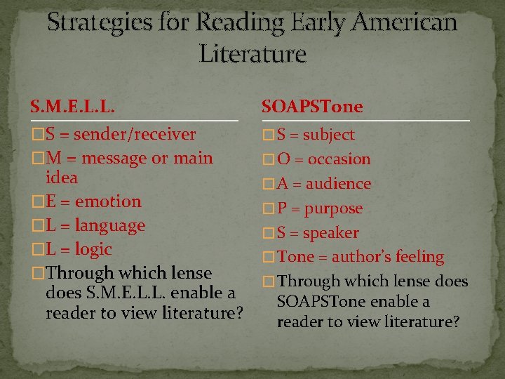 Strategies for Reading Early American Literature S. M. E. L. L. SOAPSTone �S =