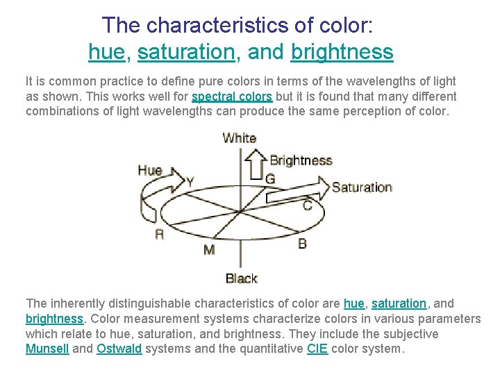  The characteristics of color: hue, saturation, and brightness It is common practice to