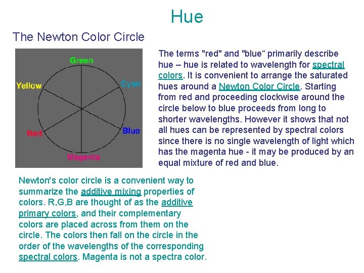 Hue The Newton Color Circle The terms "red" and "blue“ primarily describe hue –