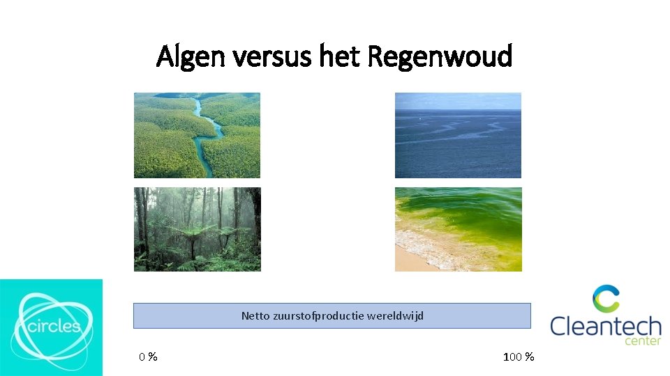 Algen versus het Regenwoud Netto zuurstofproductie wereldwijd 0% 100 % 