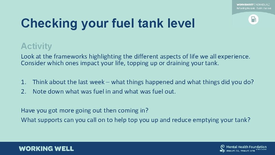 Checking your fuel tank level Activity Look at the frameworks highlighting the different aspects