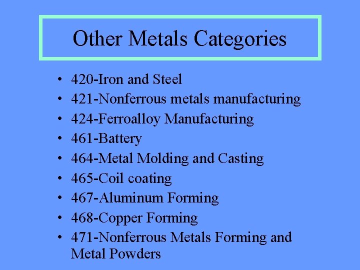 Other Metals Categories • • • 420 -Iron and Steel 421 -Nonferrous metals manufacturing Other Metals Categories • • • 420 -Iron and Steel 421 -Nonferrous metals manufacturing