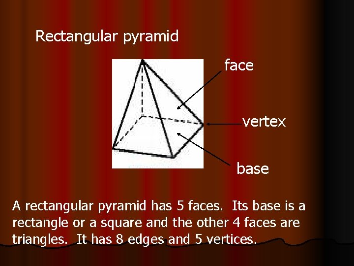Rectangular pyramid face vertex base A rectangular pyramid has 5 faces. Its base is