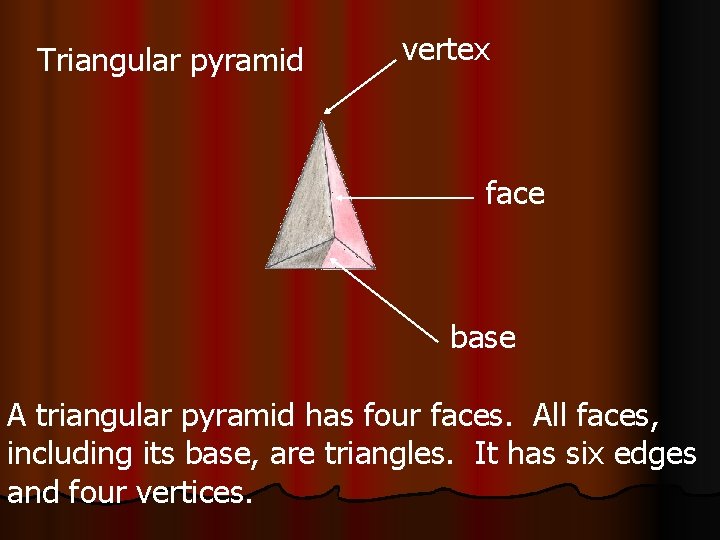 Triangular pyramid vertex face base A triangular pyramid has four faces. All faces, including