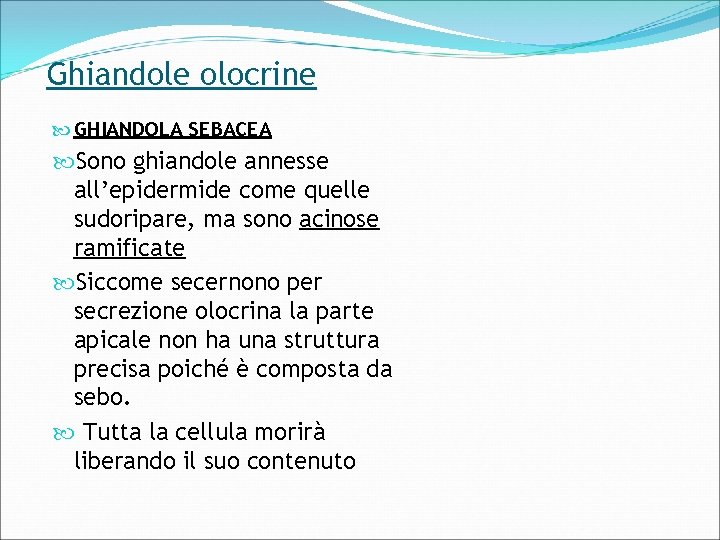 Ghiandole olocrine GHIANDOLA SEBACEA Sono ghiandole annesse all’epidermide come quelle sudoripare, ma sono acinose