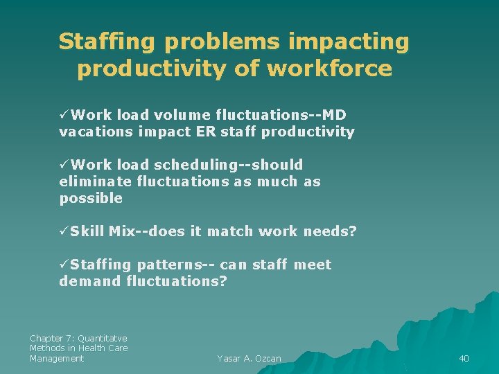 Staffing problems impacting productivity of workforce üWork load volume fluctuations--MD vacations impact ER staff