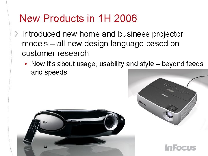 New Products in 1 H 2006 Introduced new home and business projector models –