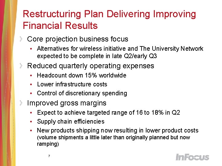 Restructuring Plan Delivering Improving Financial Results Core projection business focus • Alternatives for wireless