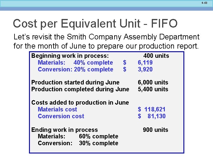 4 -68 Cost per Equivalent Unit - FIFO Let’s revisit the Smith Company Assembly