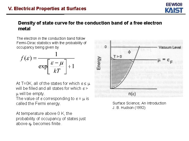 EEW 508 V. Electrical Properties at Surfaces Density of state curve for the conduction EEW 508 V. Electrical Properties at Surfaces Density of state curve for the conduction