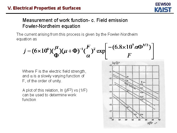 V. Electrical Properties at Surfaces Measurement of work function- c. Field emission Fowler-Nordheim equation V. Electrical Properties at Surfaces Measurement of work function- c. Field emission Fowler-Nordheim equation