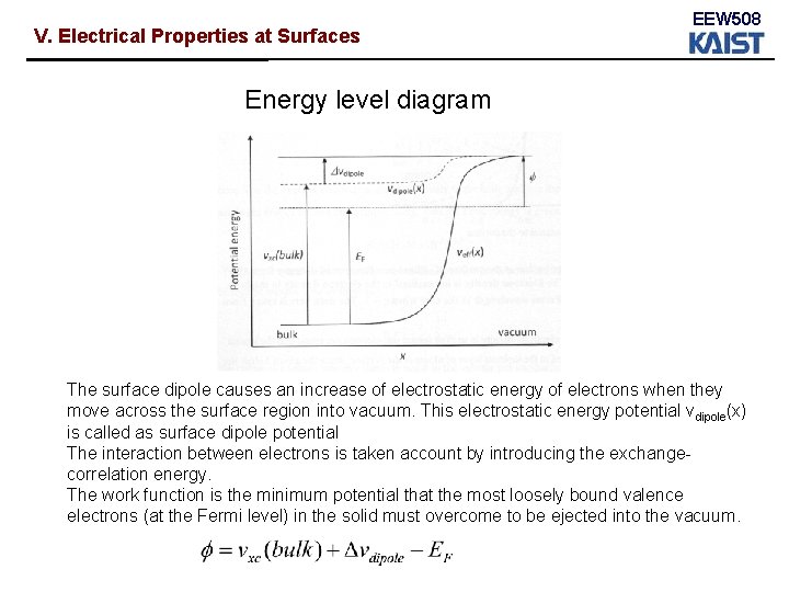 V. Electrical Properties at Surfaces EEW 508 Energy level diagram The surface dipole causes V. Electrical Properties at Surfaces EEW 508 Energy level diagram The surface dipole causes