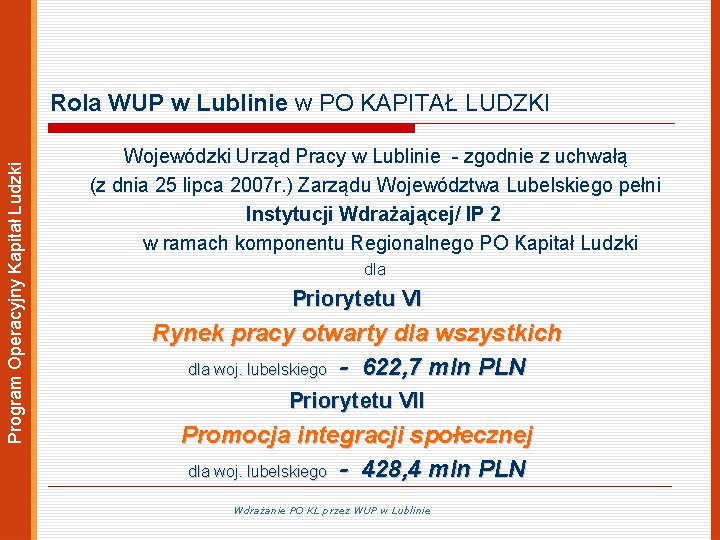 Program Operacyjny Kapitał Ludzki Rola WUP w Lublinie w PO KAPITAŁ LUDZKI Wojewódzki Urząd