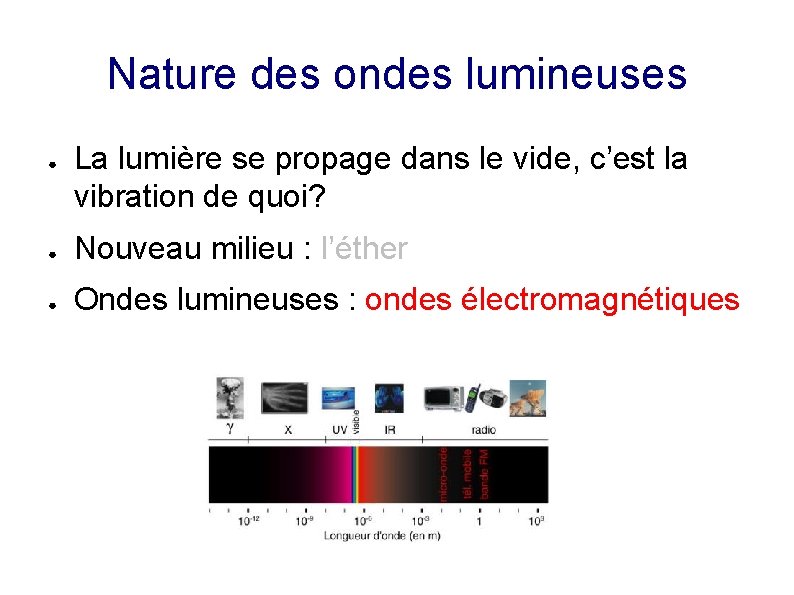 Nature des ondes lumineuses ● La lumière se propage dans le vide, c’est la