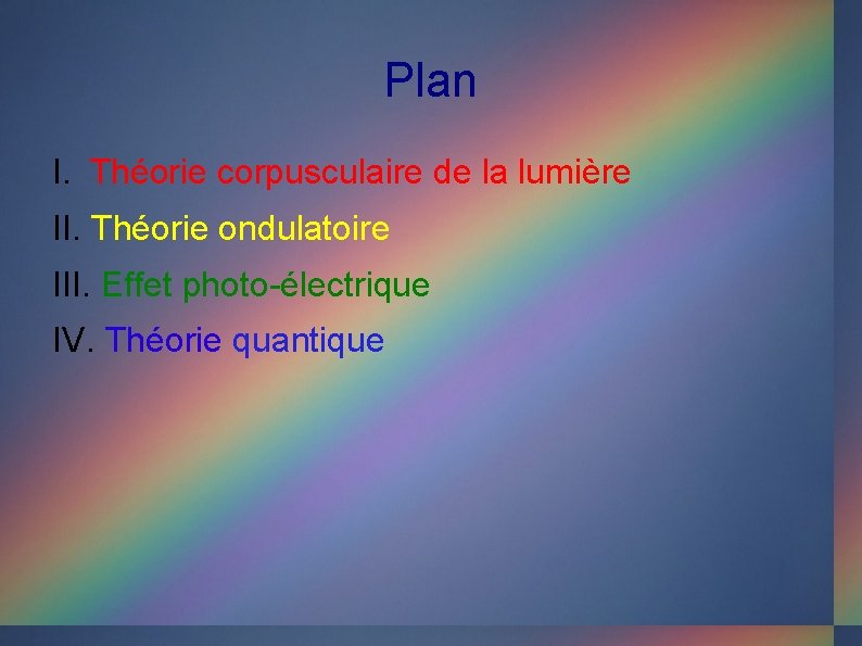 Plan I. Théorie corpusculaire de la lumière II. Théorie ondulatoire III. Effet photo-électrique IV.