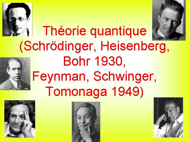 Théorie quantique (Schrödinger, Heisenberg, Bohr 1930, Feynman, Schwinger, Tomonaga 1949) 