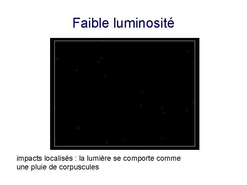 Faible luminosité impacts localisés : la lumière se comporte comme une pluie de corpuscules