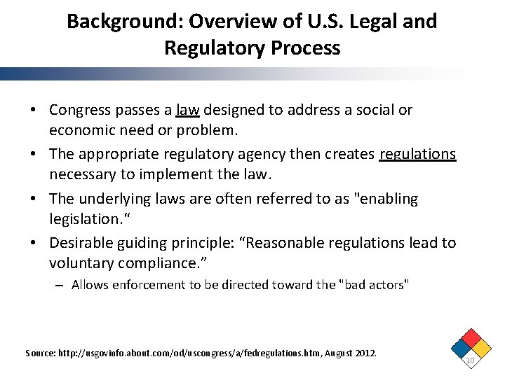 Background: Overview of U. S. Legal and Regulatory Process • Congress passes a law