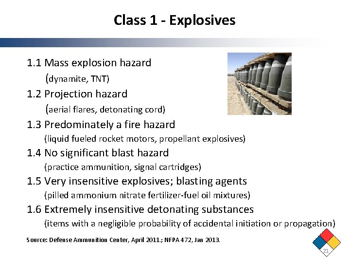 Class 1 - Explosives 1. 1 Mass explosion hazard (dynamite, TNT) 1. 2 Projection